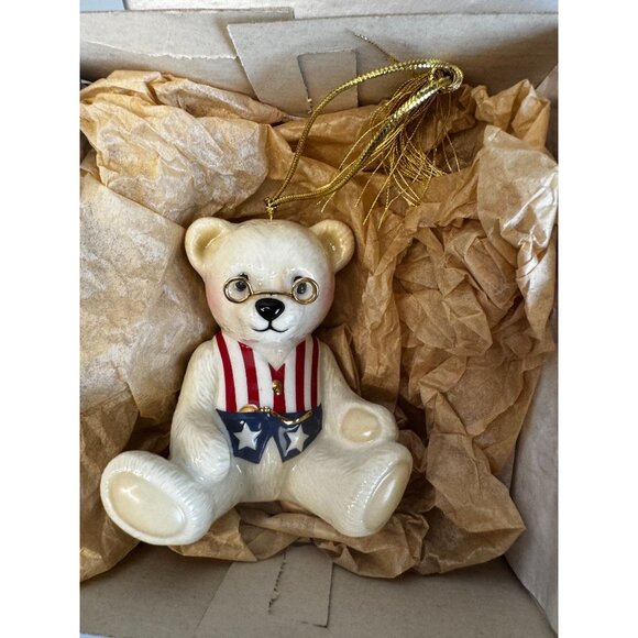 Brandys Teddy 96 Patriotic Bear Ornament Beige Ceramic With Glasses & Box - Picture 2 of 9